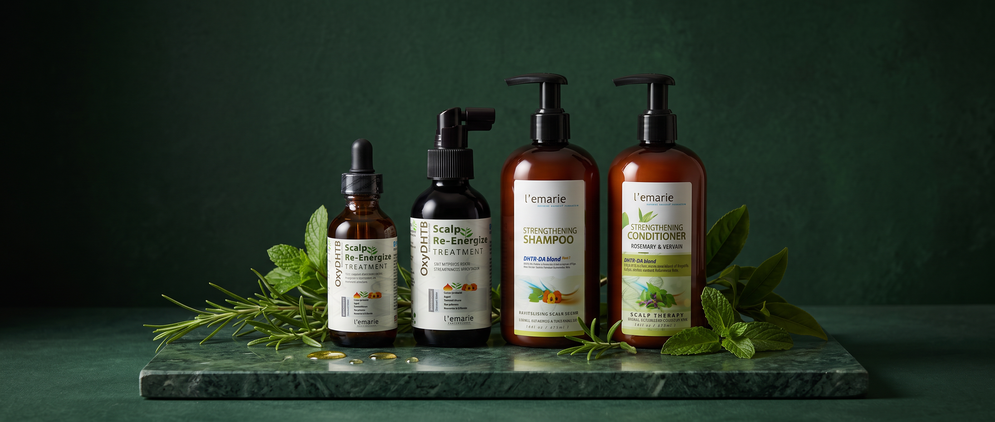L'emarie Scalp Re-Energize drops and spray with Strengthening Shampoo and Conditioner on green marble with rosemary