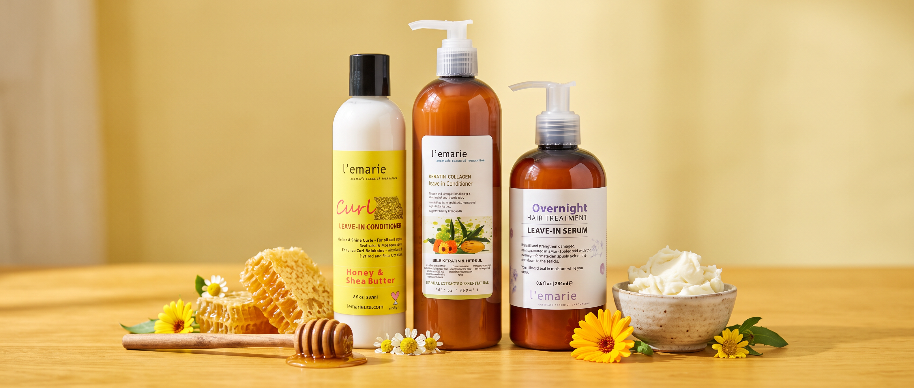 L'emarie Curl Leave-In, Collagen & Keratin Leave-In and Overnight Leave-In Serum with honeycomb and shea butter
