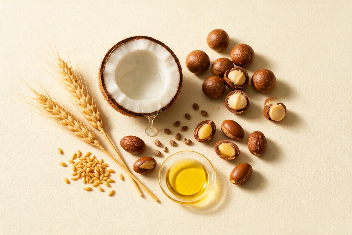 Wheat germ, coconut, macadamia, argan and jojoba, the oils in the Wheat Germ & Coconut Hair Mask