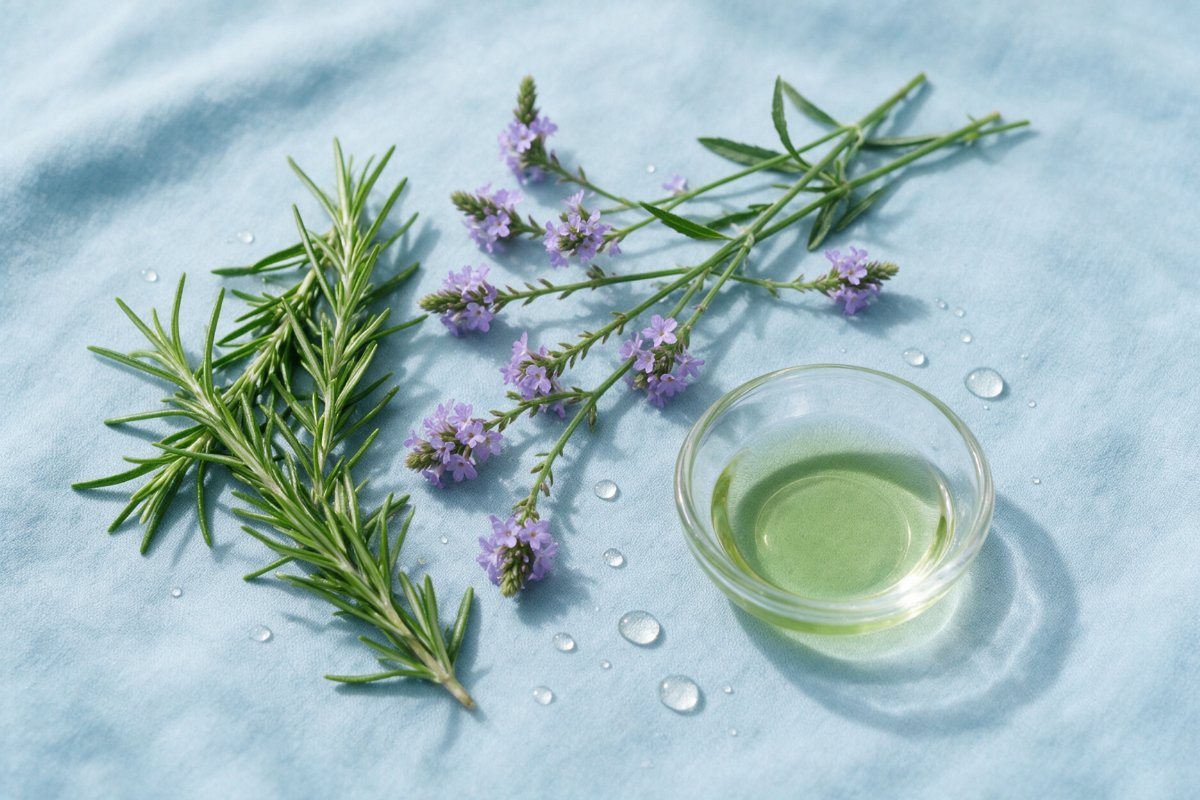 Rosemary sprigs and blue vervain flowers, the key botanicals in the L'emarie Strengthening Conditioner
