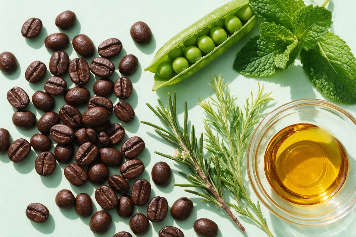 Coffee beans, peas, peppermint, rosemary, tea tree and argan oil, key ingredients in the Energizing Sulfate-Free Shampoo
