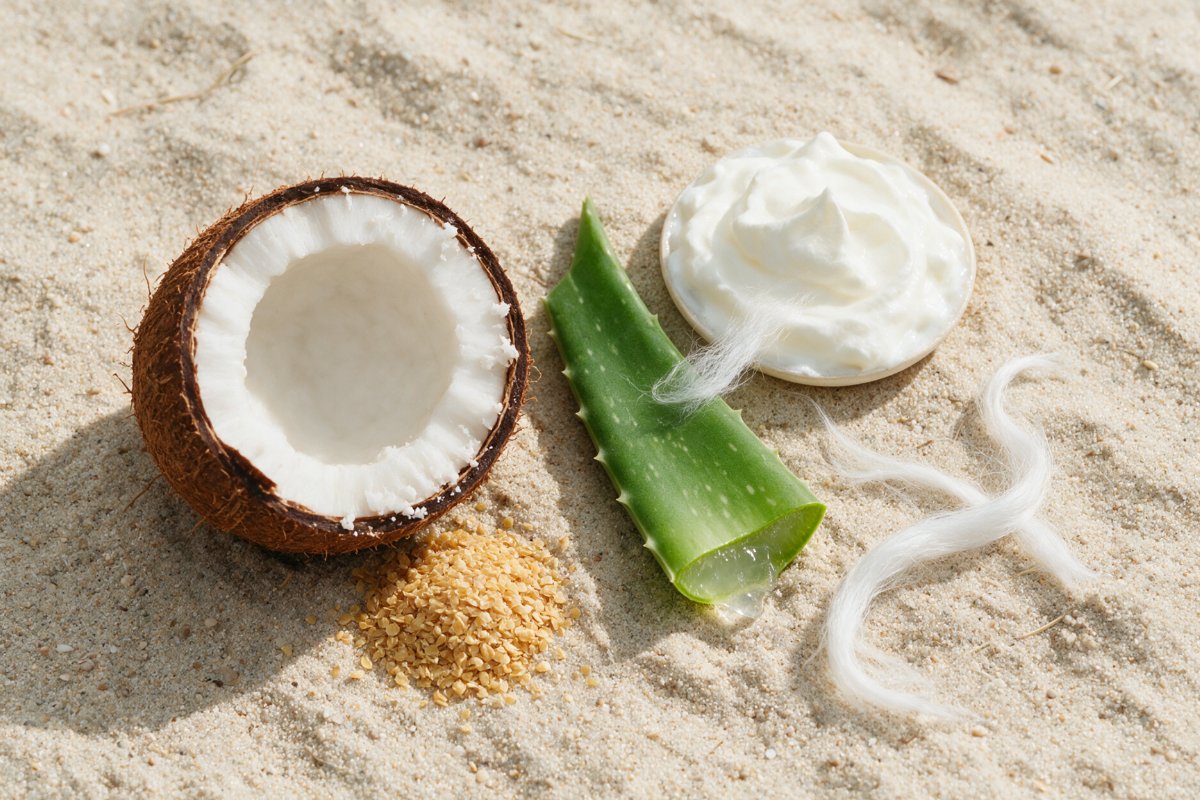 Coconut, wheat germ and aloe vera, key ingredients in the Collagen & Keratin Leave-In + Curl Cream