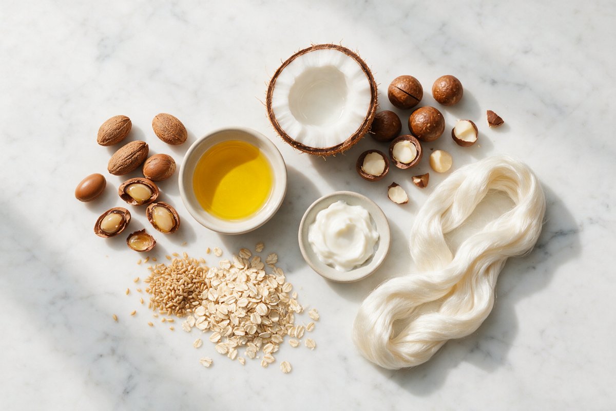 Hair mask ingredients: argan nuts and oil, coconut, macadamia nuts, wheat germ, oats and silk
