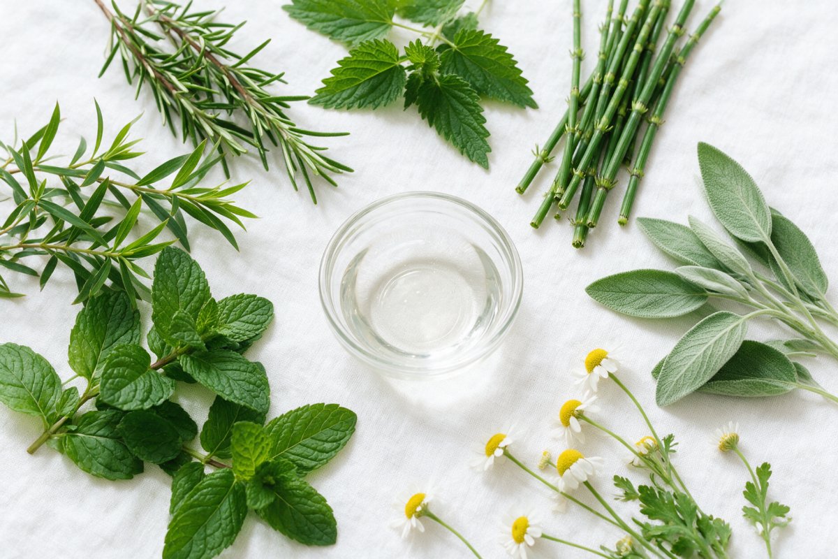 Rosemary, peppermint, tea tree, nettle, horsetail, sage and chamomile, the botanicals in the L'emarie Scalp & Hair Serum
