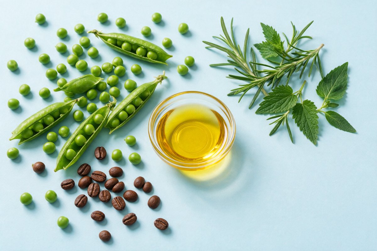 Key ingredients of a biotin and pea peptide shampoo: peas, coffee beans, batana oil, rosemary, nettle and tea tree leaves