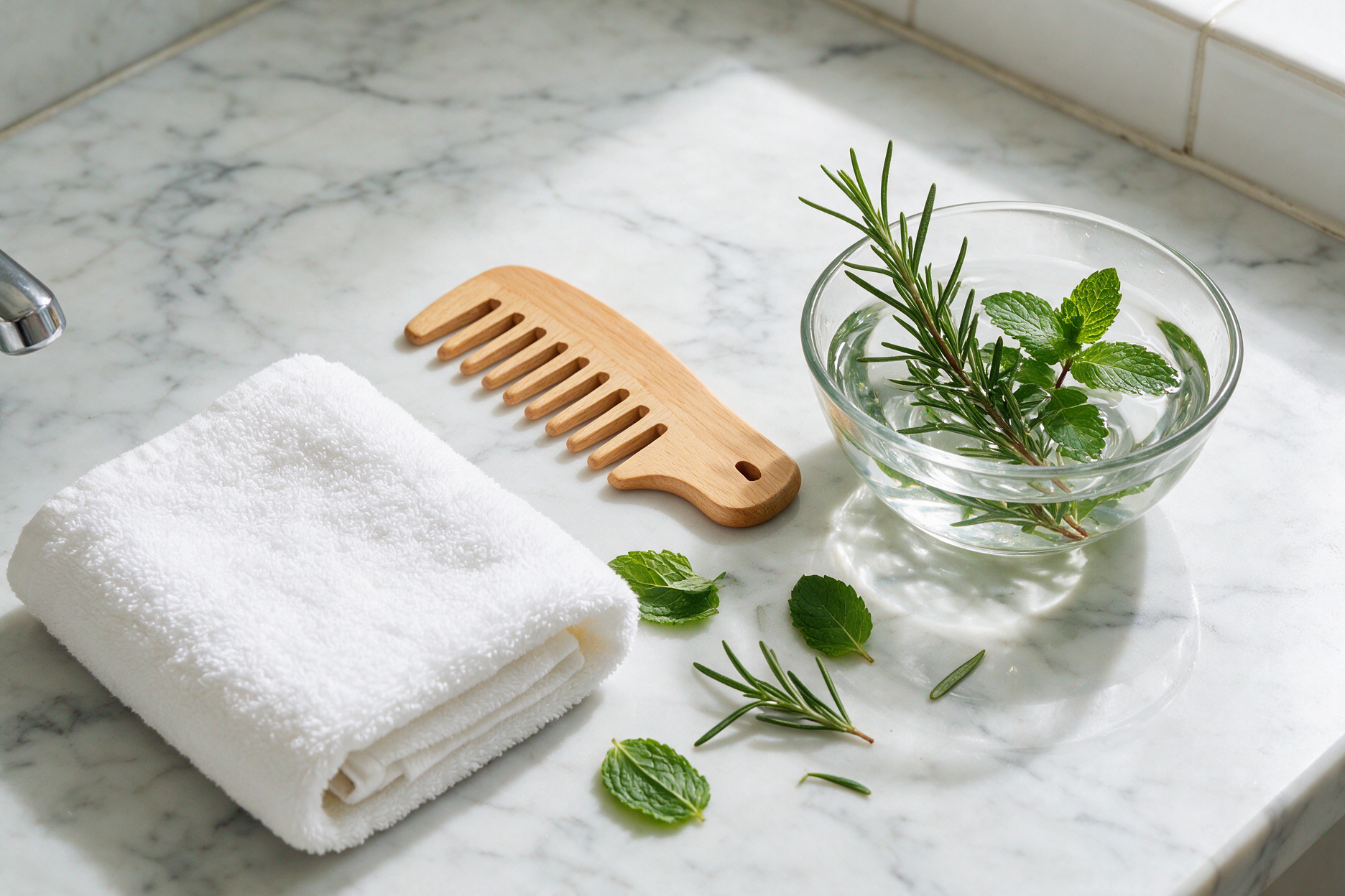 A folded towel, wide-tooth wooden comb, rosemary and mint leaves and a glass bowl of water on a marble bathroom counter